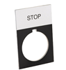 ECX1670A-B11 legend plate, aluminum, rectangular, black field, silver background, black engraved text, legend plate marking "STOP".