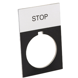 ECX1670A-B11 legend plate, aluminum, rectangular, black field, silver background, black engraved text, legend plate marking "STOP".